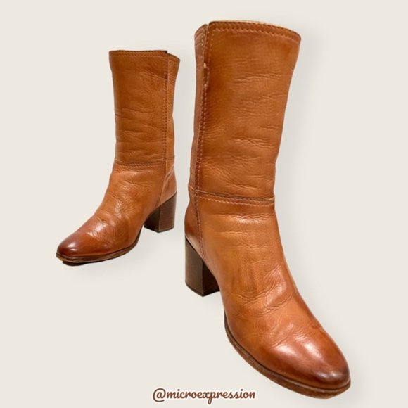 $399 Frye Nora Mid Calf Pull On Cognac Leather Heeled Fall/Winter Ankle Bootie - Picture 5 of 14
